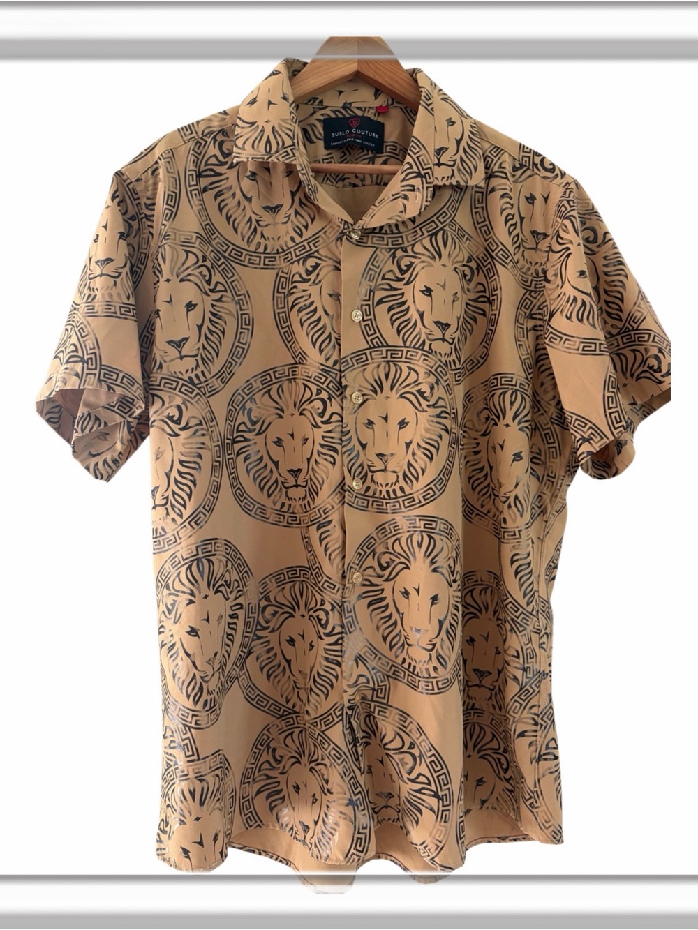Suslo Couture Lion Print Men’s Size XXL Slim Fit Short Sleeve Button Up Shirt